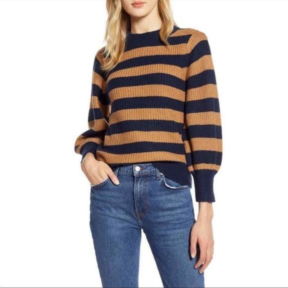 Halogen X Atlantic-Pacific Striped Crewneck Sweater Blouson sleeves XS - Picture 1 of 7